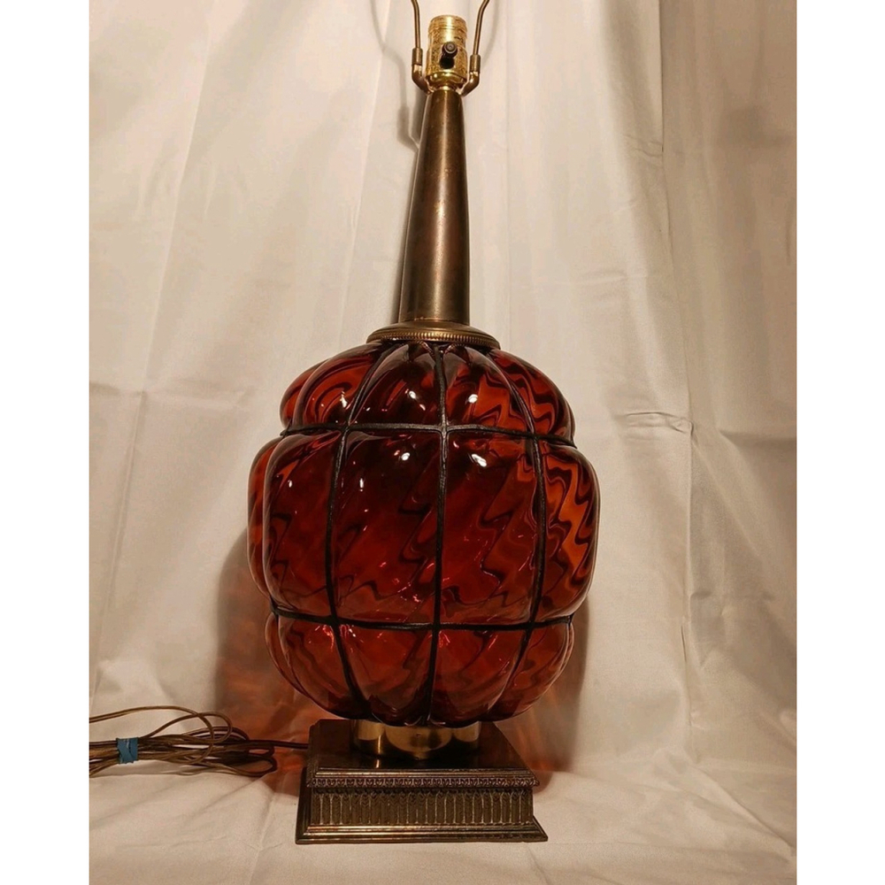 MCM Blown Caged Glass Amber Brass Table Lamp 25 Inch